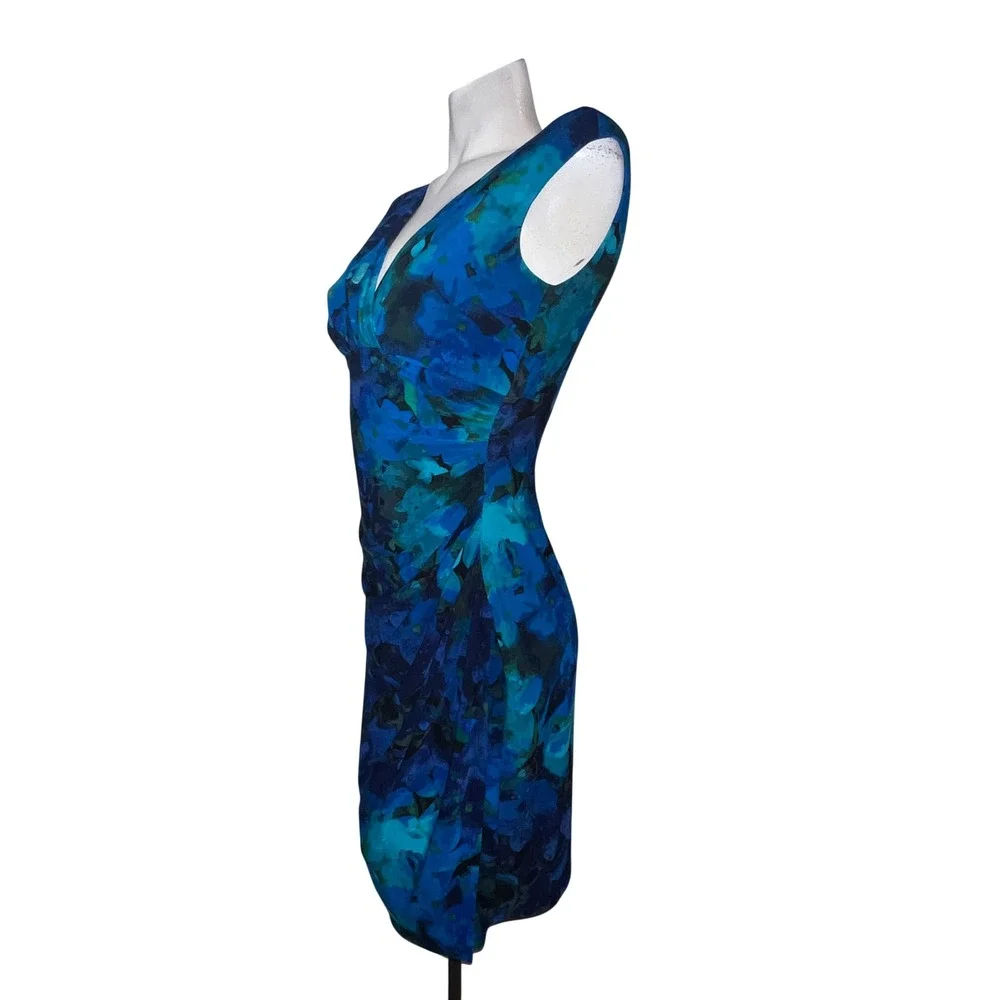 Lauren Ralph Lauren Blue Floral Watercolor Ruched V-Neck Sheath Dress Size 4 - Picture 4 of 8